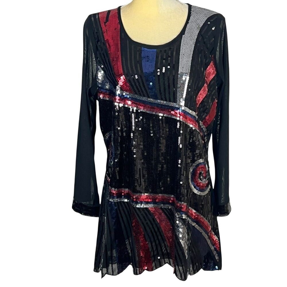 Ameri Mode Sequin Art Deco Style Mesh Long Sleeve Tunic Top S/M Black Multicolor